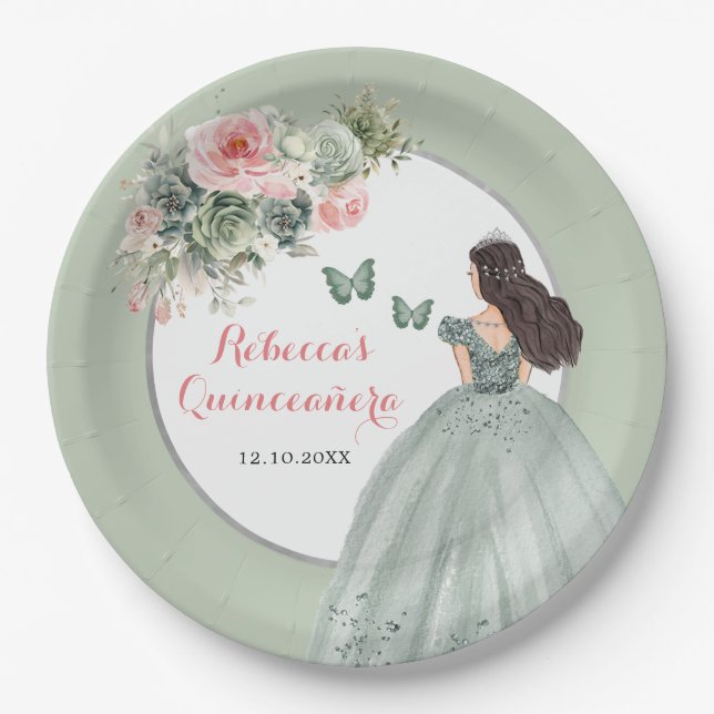 Boho Sage Green Dress Prinzessin Girl Sweet 16 Año Pappteller (Vorderseite)