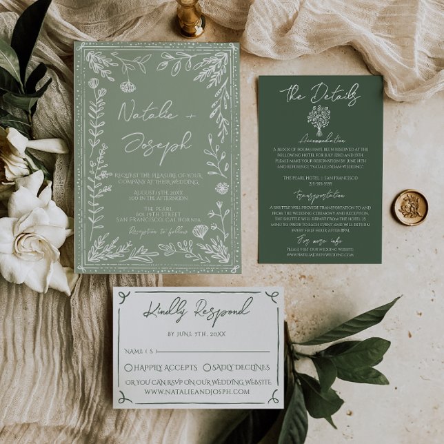 Boho Sage Green Floral Botanical Modern Wedding Einladung (Von Creator hochgeladen)