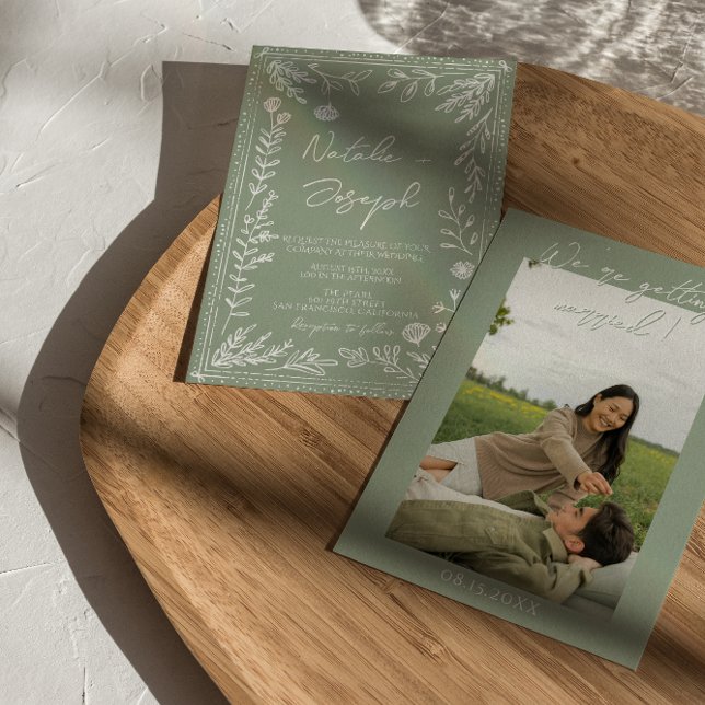 Boho Sage Green Floral Botanical Photo Wedding Einladung (Von Creator hochgeladen)