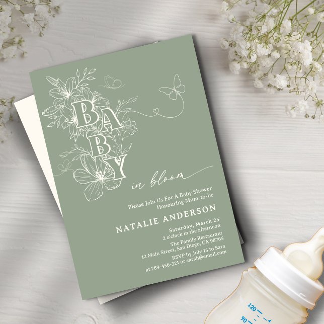 Boho Sage Green Floral Butterflies Baby in Bloom Einladung (Boho Sage Green Floral Butterflies Baby in Bloom Invitation)