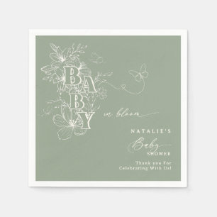 Boho Sage Green Floral Butterflies Baby in Bloom Serviette
