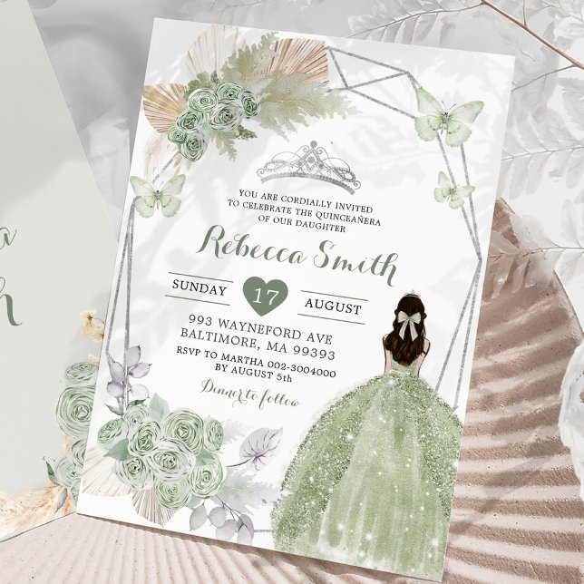 Boho Sage Green Floral Geometric Quinceañera Einladung (Von Creator hochgeladen)