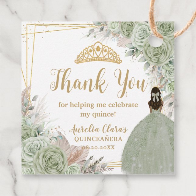 Boho Sage Green Floral Pampas Quinceañera Princess Geschenkanhänger (Rückseite)
