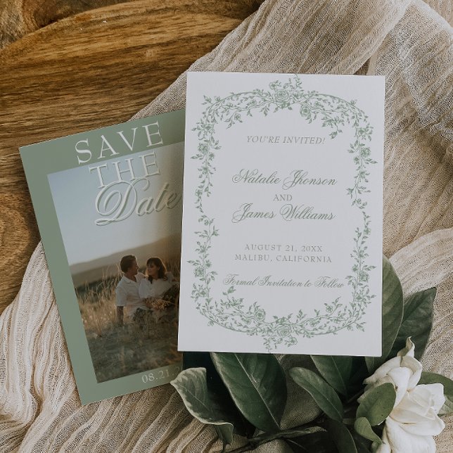 Boho Sage Green Floral Photo Wedding Save The  Date (Von Creator hochgeladen)