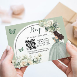 Boho Sage Green Floral Prinzessin Girl 15 Años QR RSVP Karte