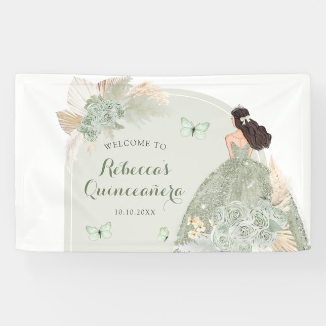 Boho Sage Green Floral Quinceañera Grande bannière (Horizontal)