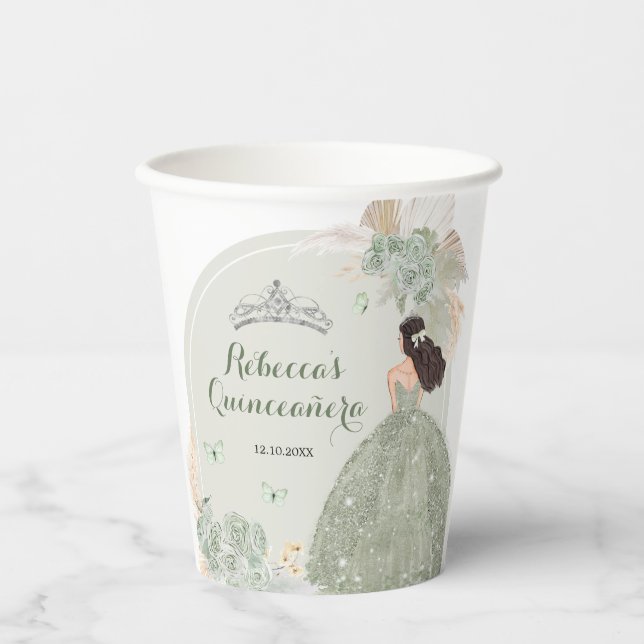 Boho Sage Green Floral Quinceañera Pappbecher (Vorderseite)