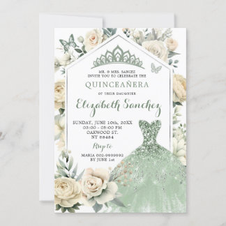 Boho Sage Green Ivory Quinceañera Royale Einladung