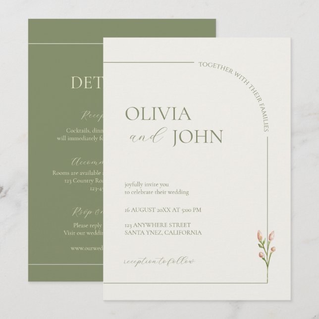 Boho Sage Green & Linen Arch Minimalist w Details Einladung (Vorne/Hinten)