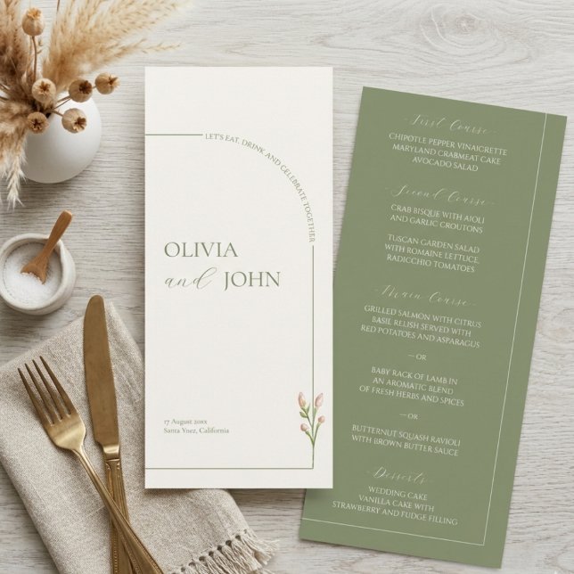 Boho Sage Green & Linen Arches Minimalist Wedding Menükarte (Von Creator hochgeladen)