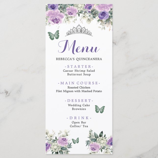 Boho Sage Green Lliac Roses Princess XV Años Menu (Devant)