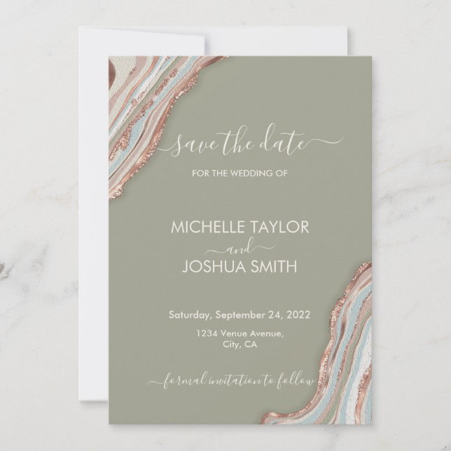Boho Sage Green Marble Stone Agate Save the Date I Einladung (Vorderseite)