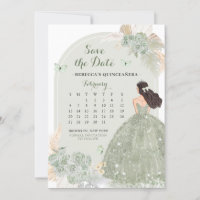 Boho Sage Green Mis Quince Save the Date Calendar