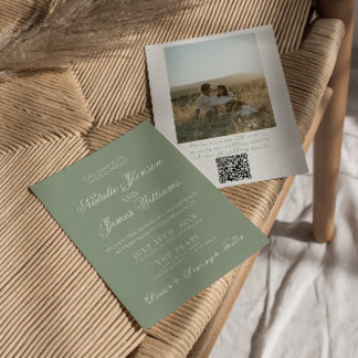 Boho Sage Green Modern QR Code Photo Wedding Einladung