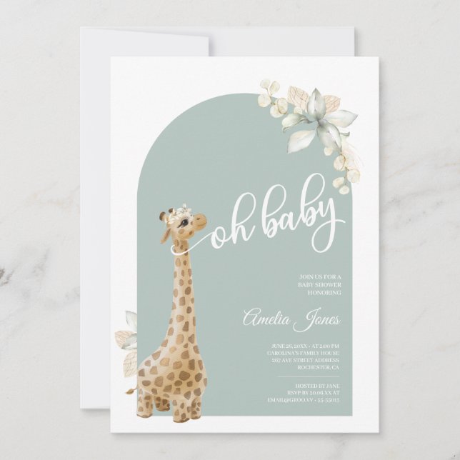 Boho Sage Green Pampas Grass Giraffe Kinderdusche Einladung (Vorderseite)