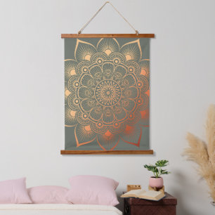 Boho Sage Green Peach Mandala Wood Topped Wandteppich Mit Holzrahmen
