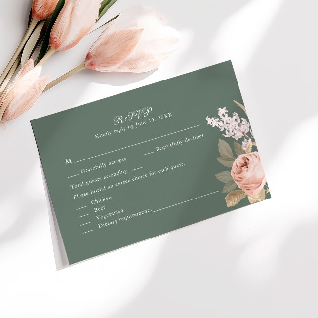 Boho Sage Green Peonies Mariage Carte RSVP (Boho Sage Green Peonies Wedding RSVP Card on a sunny table with pale pink flowers.)