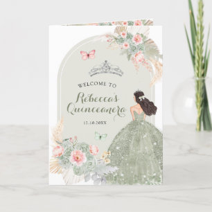 Boho Sage Green Pink 15 Años Programmvorlage Einladung