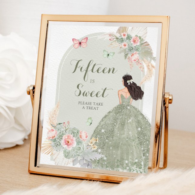 Boho Sage Green Pink Quinceñera Fünfzehn ist süß Poster (Von Creator hochgeladen)
