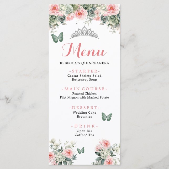 Boho Sage Green Pink Roses Princess XV Años Menü Menükarte (Vorderseite)