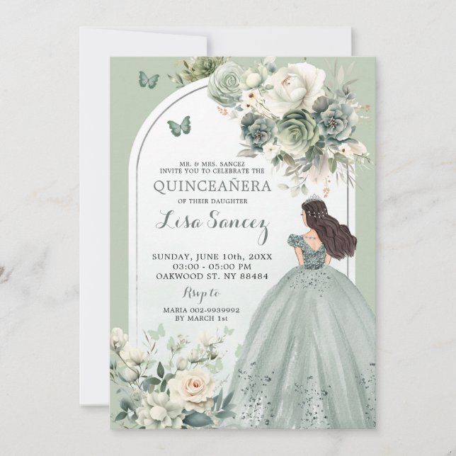Boho Sage Green Princess Butterfly Quinceañera Einladung (Vorderseite)