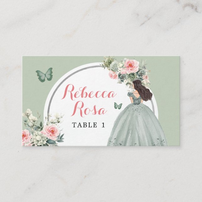 Boho Sage Green Princess Quinceañera Floral Platzkarte (Vorderseite)