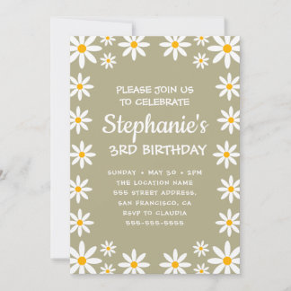 Boho Sage Green Retro Daisies Birthay Party Einladung