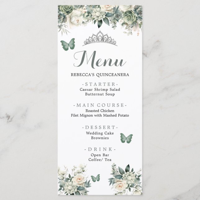 Boho Sage Green Royal Rose Princess XV Años Menü Menükarte (Vorderseite)