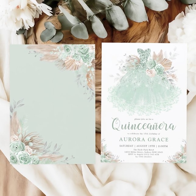 Boho Sage Green Silver Quinceañera Princess Dress Einladung (Von Creator hochgeladen)