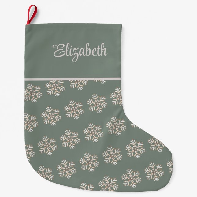 Boho Sage Green Snowflakes Individuelle Name Weihn Großer Weihnachtsstrumpf (Vorderseite)