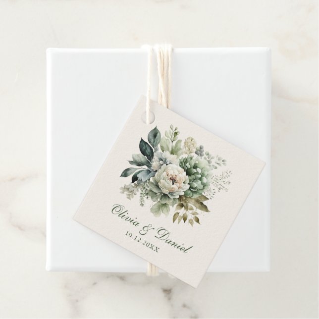 Boho Sage Green und Elfenbein Blume Hochzeit Geschenkanhänger (Beispiel)
