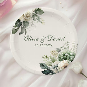 Boho Sage Green und Elfenbein Blume Hochzeit Pappteller