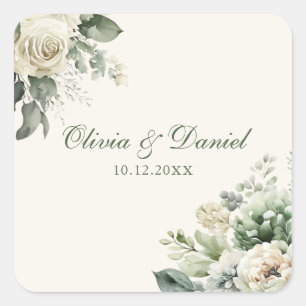 Boho Sage Green und Elfenbein Blume Hochzeit Quadratischer Aufkleber