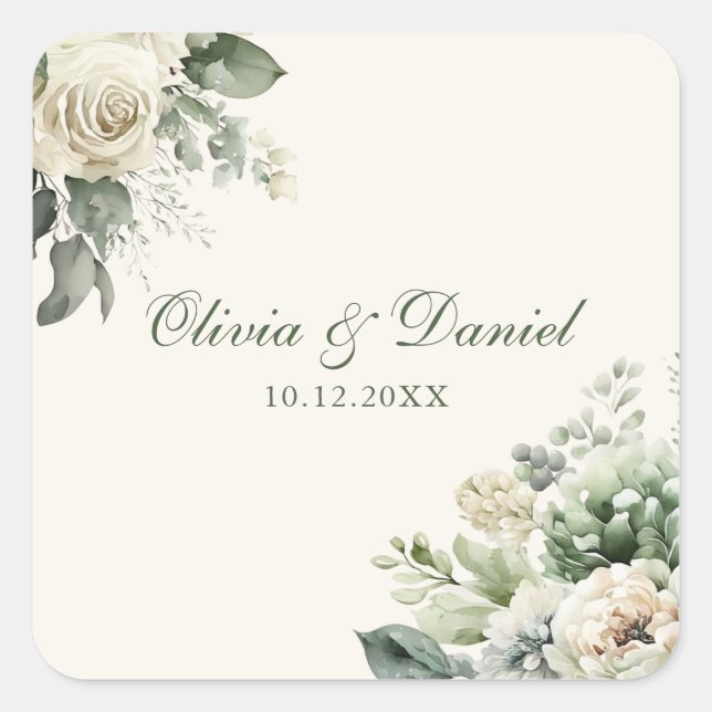 Boho Sage Green und Elfenbein Blume Hochzeit Quadratischer Aufkleber (Vorderseite)