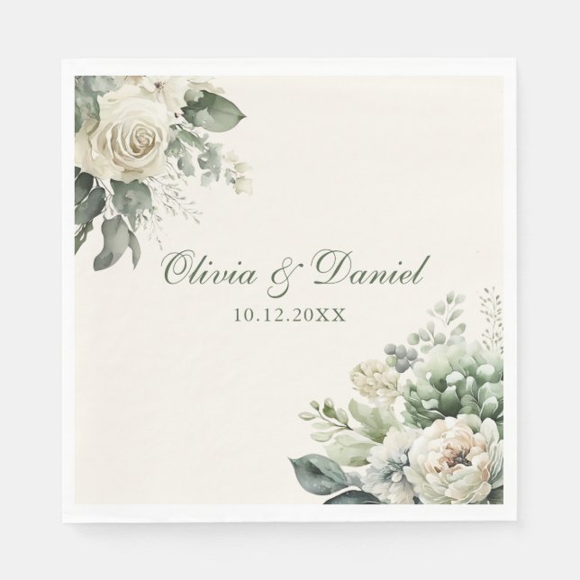 Boho Sage Green und Elfenbein Blume Hochzeit Serviette (Vorderseite)