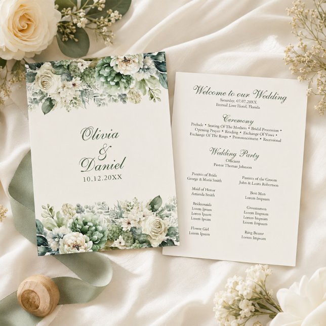 Boho Sage Green und Elfenbein Blume Hochzeitsprogr Programm (Boho Sage Green and Ivory Flowers Wedding Program with wedding decor and white flowers)