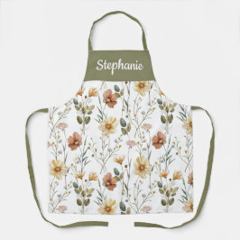 Boho Sage Green Watercolor Wildflower Custom Name Schürze