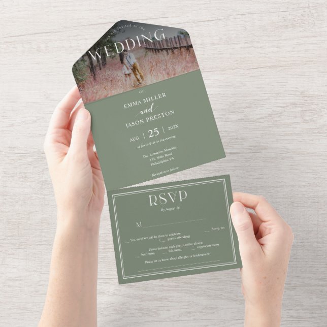 Boho Sage Green Wedding Einladung mit Foto (Abreißen)