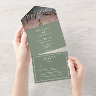 Boho Sage Green Wedding Einladung mit Foto