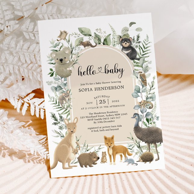 Boho Sage Greenerity Australian Animals Baby Showe Einladung (Von Creator hochgeladen)