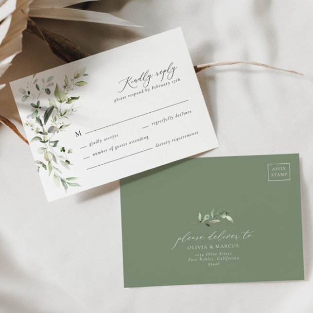 Boho Sage Greenery Botanical Wedding RSVP Card Karte (RSVP Card Front/Back)