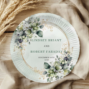 Boho-Sage-Grün personalisierte Eukalyptus-Hochzeit Pappteller