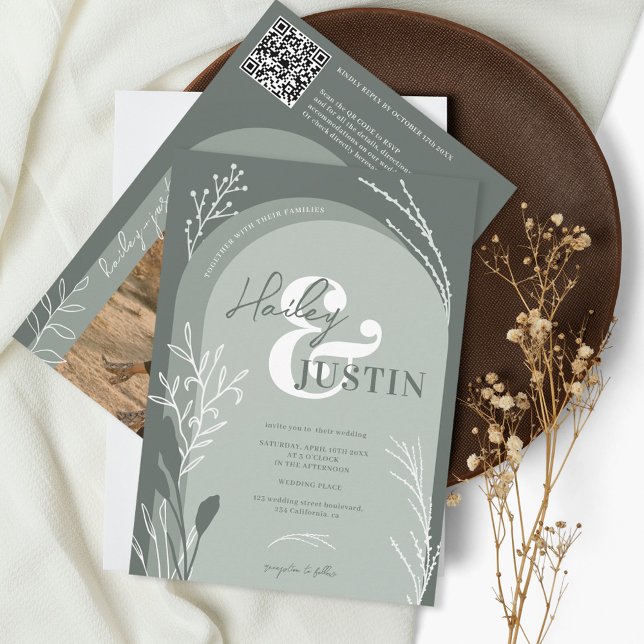 Boho sage grünes Foto Namen Drehbuch Bogen Hochzei Einladung (Von Creator hochgeladen)