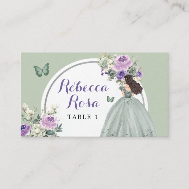Boho Sage Lila Princess Quinceañera Floral Platzkarte (Vorderseite)