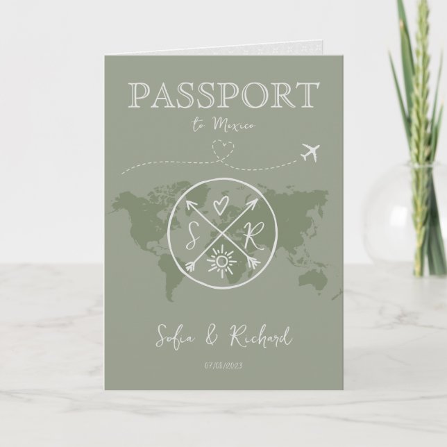 Boho Sage Wedding Destination Passport Karte QR Co (Vorderseite)