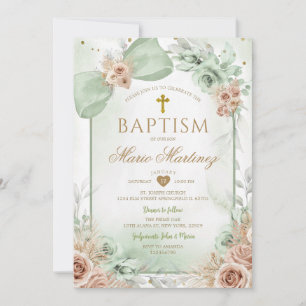 Boho-Sagegrün-Blumen-Junge-Goldkreuz-Heilige-Taufe Einladung