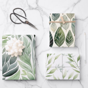 Boho-Sagegrün-Wasserfarbe-Botanik-Muster Geschenkpapier Set