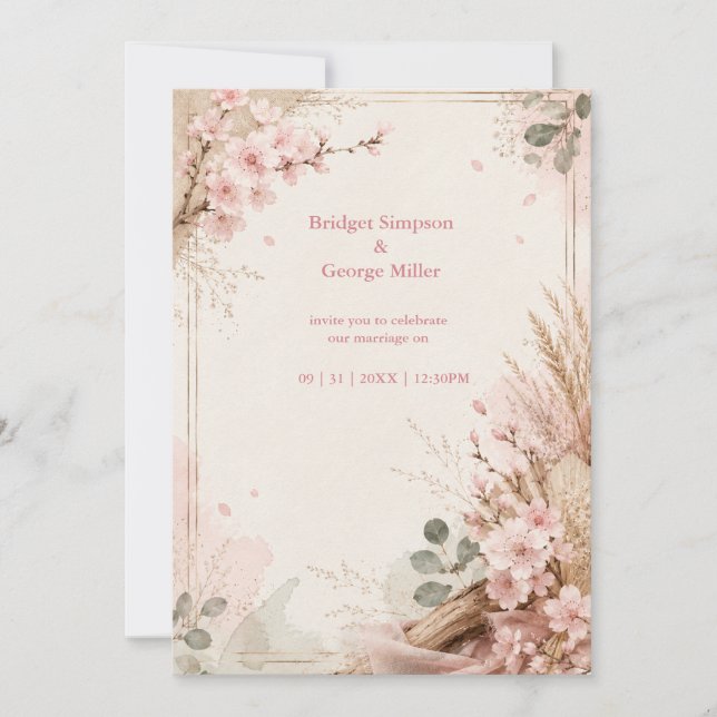 Boho Sakura Rustikale Hochzeitsblumen Einladung (Vorderseite)