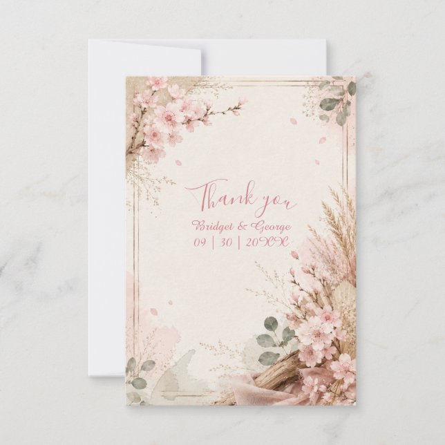 Boho Sakura Rustikale Hochzeitsblüten Dankeskarte (Vorderseite)