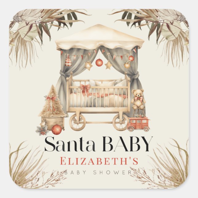 Boho Santa Baby Christmas Holiday Crib Baby Shower Quadratischer Aufkleber (Vorderseite)